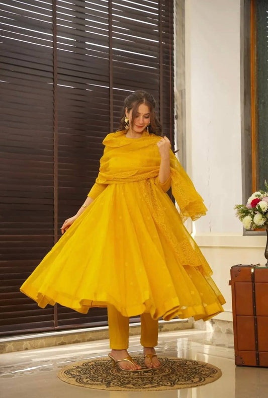 OutStanding  Yellow COlor Haldi Function Wear Embroidery Work Long Gown With Dupatta