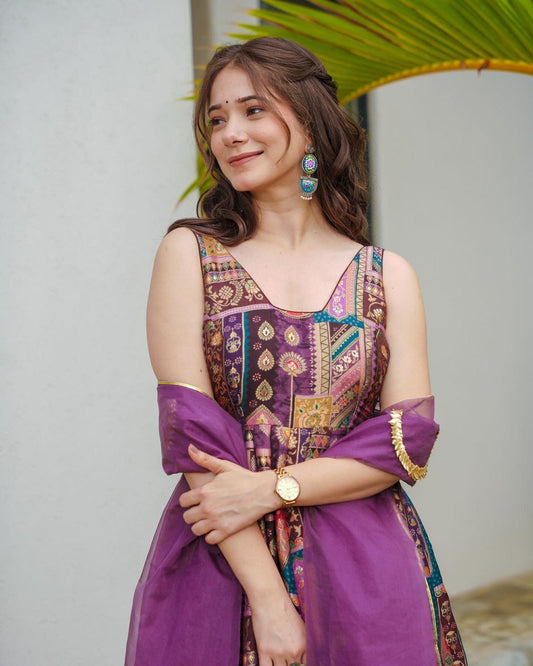 Purple Color Jimmy Organza Silk With Digital Printed Long Anarkali Gown With Dupatta
