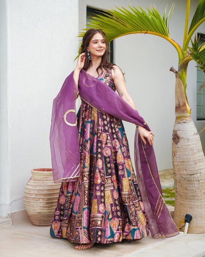 Purple Color Jimmy Organza Silk With Digital Printed Long Anarkali Gown With Dupatta