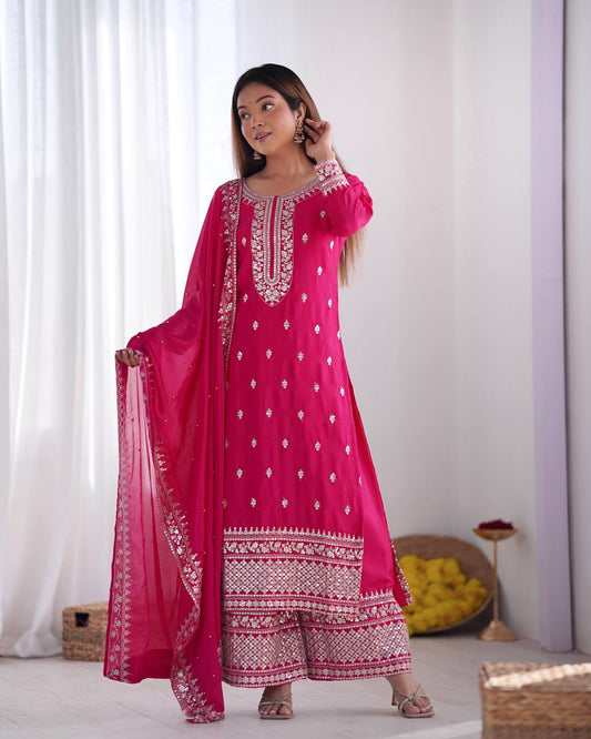 Pink Color Chinon Silk With Embroidery Work Suit For Wedding