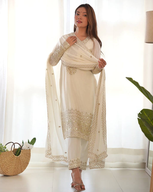 White Color Chinon Silk With Sequence Work Suit For Women