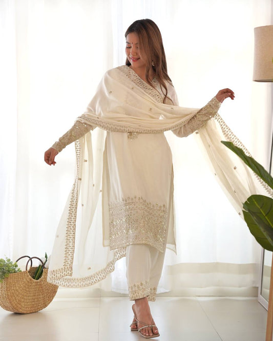 White Color Chinon Silk With Sequence Work Suit For Women