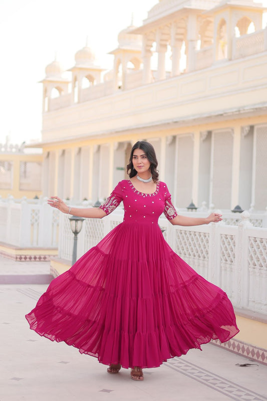 Pink Color Faux Blooming Zari Sequence Work Long Gown