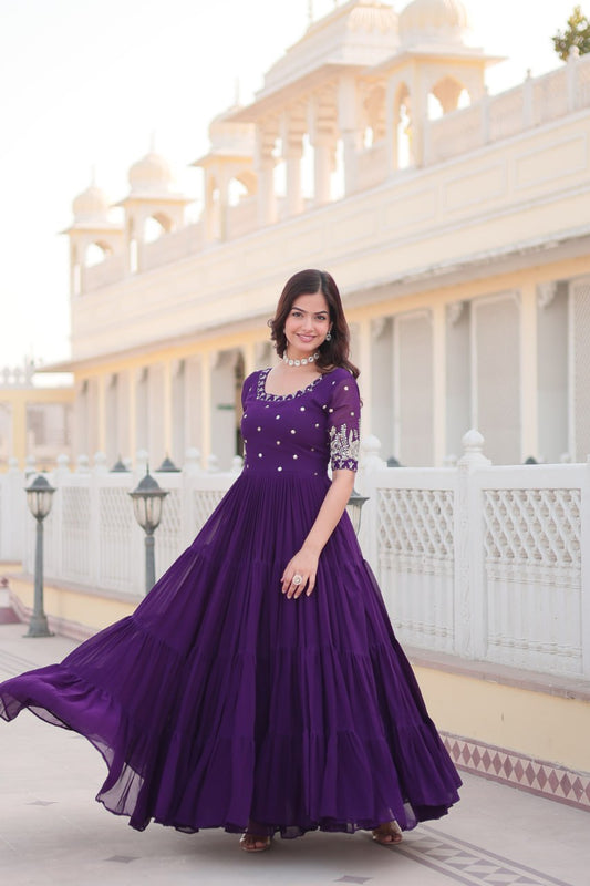 Purple Color Embroidery With Sequence Work Gown