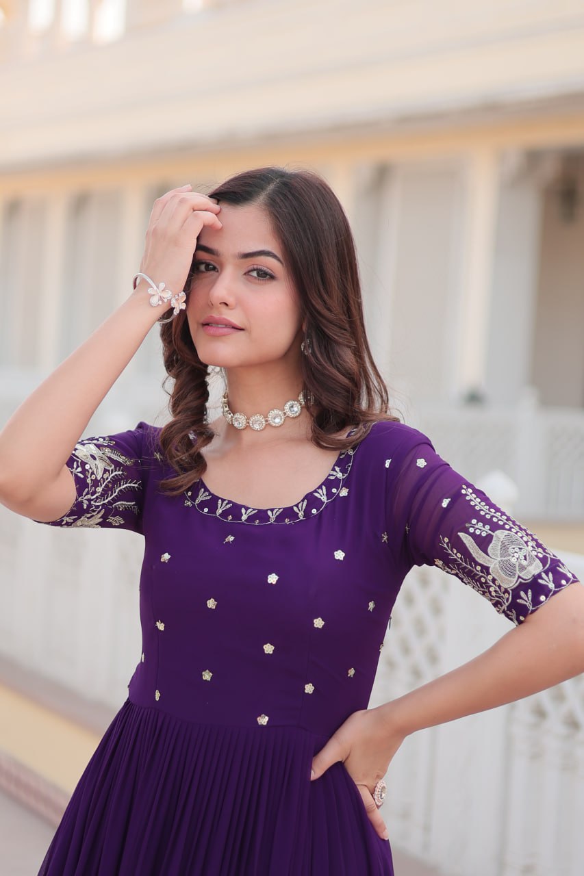 Purple Color Embroidery With Sequence Work Gown