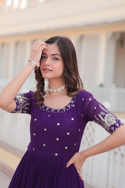 Purple Color Embroidery With Sequence Work Gown