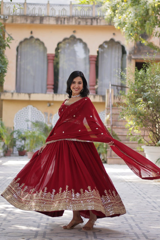 Red Maroon Color Embroidery With Sequence Work Gown