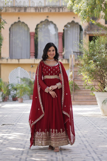 Red Maroon Color Embroidery With Sequence Work Gown