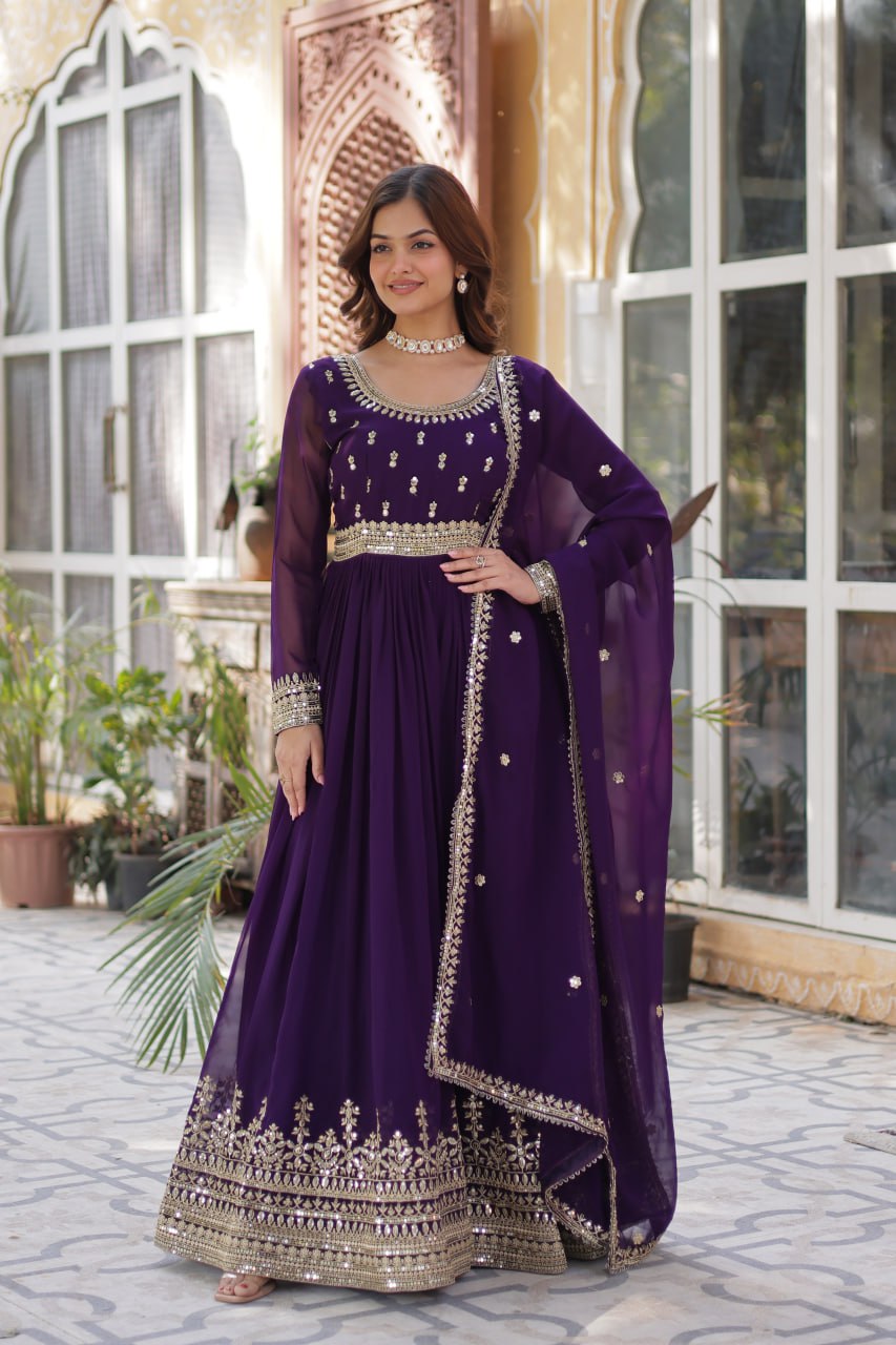 Purple Color Wedding Wear Anarkali Gown With Dupatta