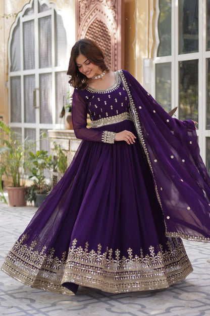 Purple Color Wedding Wear Anarkali Gown With Dupatta