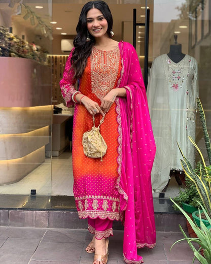 Classic Looking Chinon Silk Digital Printed Pink Orange Suit For Girls