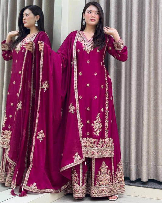 Rani Color Chinon Silk With Embroidery Work Sharara Suit