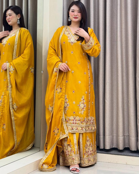 Yellow Color Chinon Silk With Embroidery Work Sharara Suit