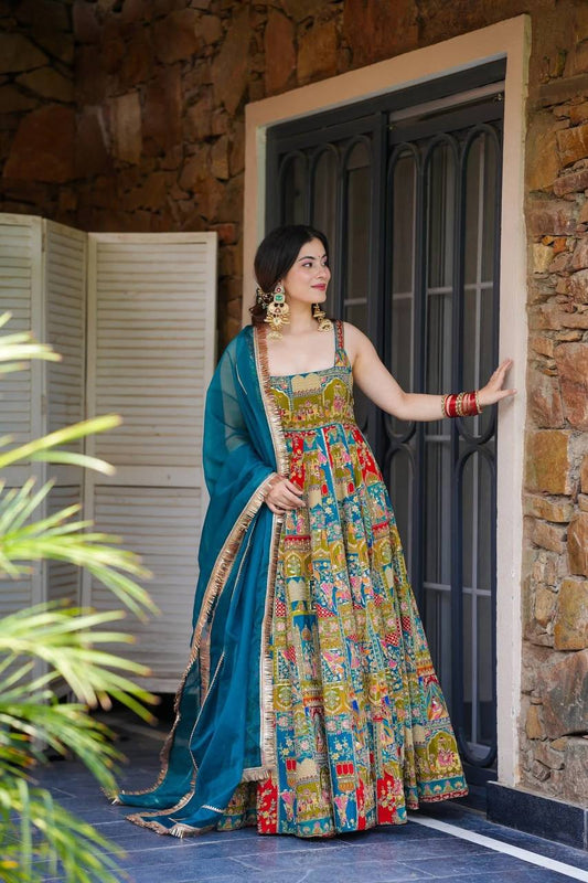 Rama color Georgette With Digital Printed Hot Fix Work Long Anarkali Gown