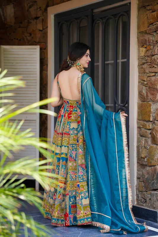 Rama color Georgette With Digital Printed Hot Fix Work Long Anarkali Gown