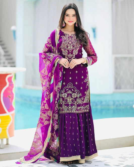 Purple Color Faux Georgette With Sequence Work Sharara Suit