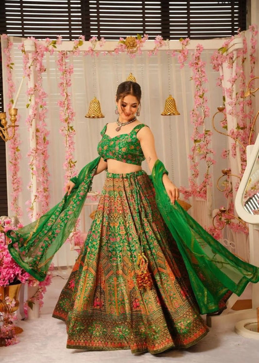 Green Color Digital Printed Organza Silk Lehenga Choli For Function Wear