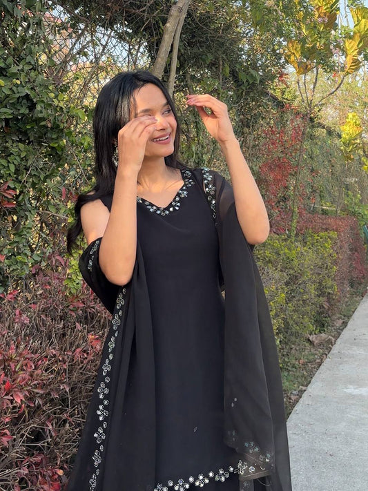 Black Color Real mirror Work Plazoo Suit With Dupatta