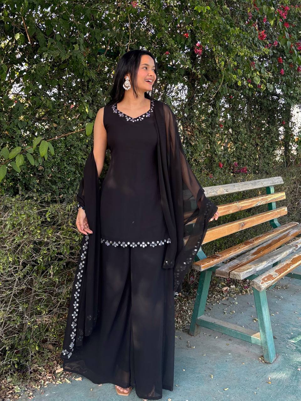 Black Color Real mirror Work Plazoo Suit With Dupatta
