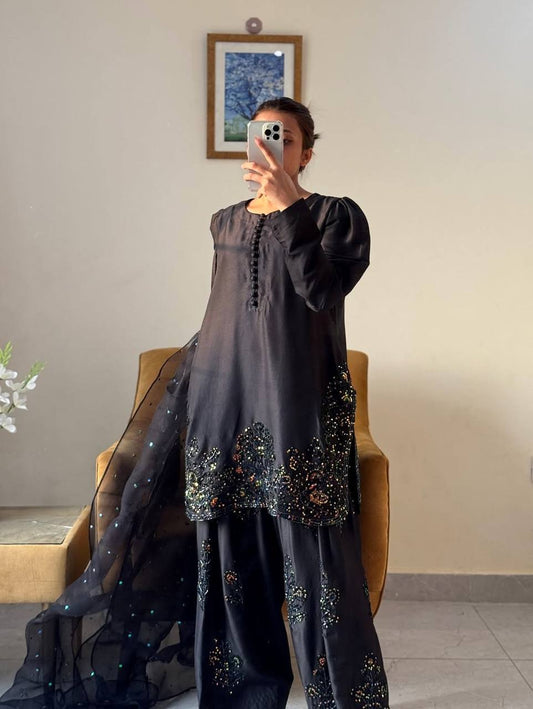 Natural Crep Black Color Embroidery With Sequence Work Suit