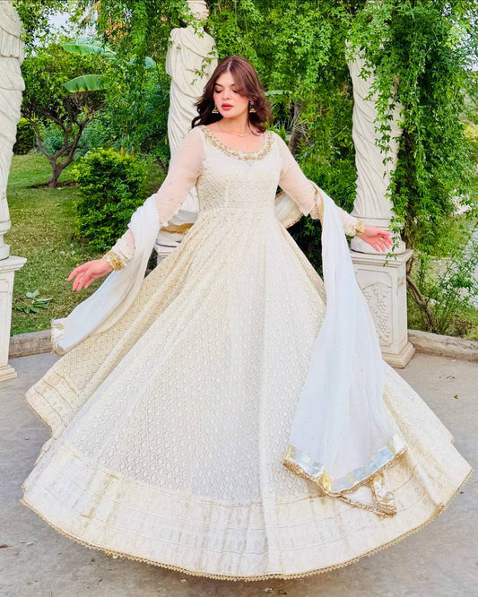 White Color Georgette With Real Mirror With Sequence Work Anarkali Gown