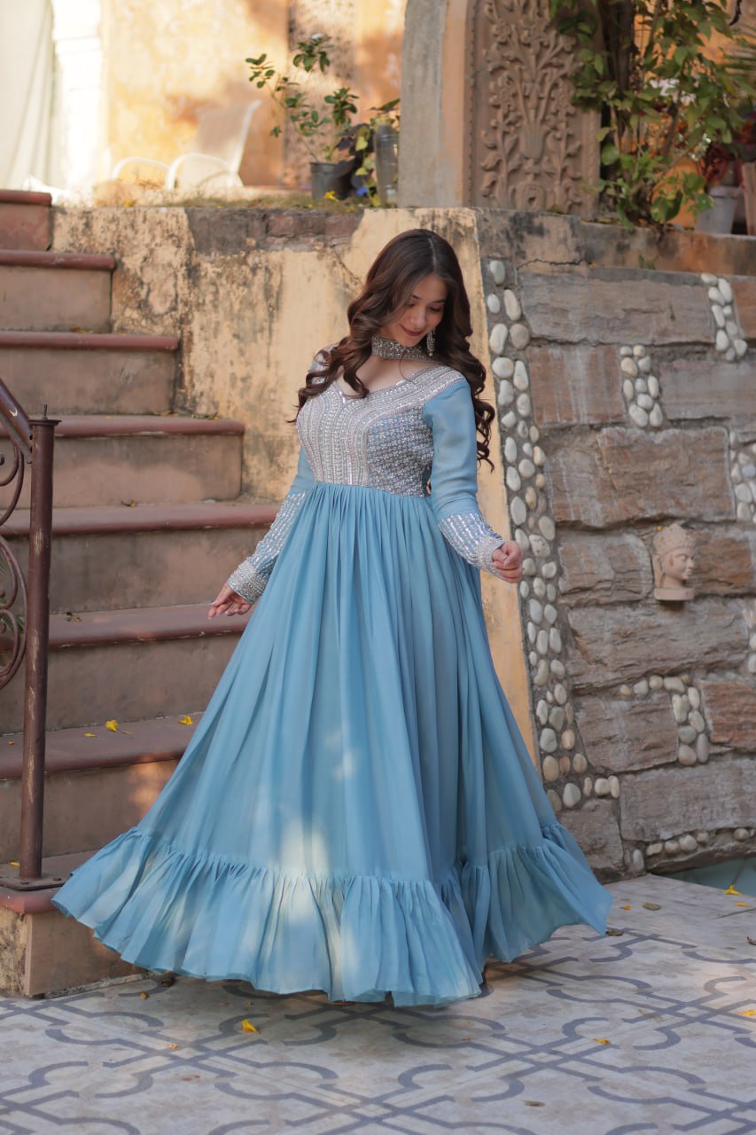 Sky Blue Color Georgette With Embroidery Work Gown