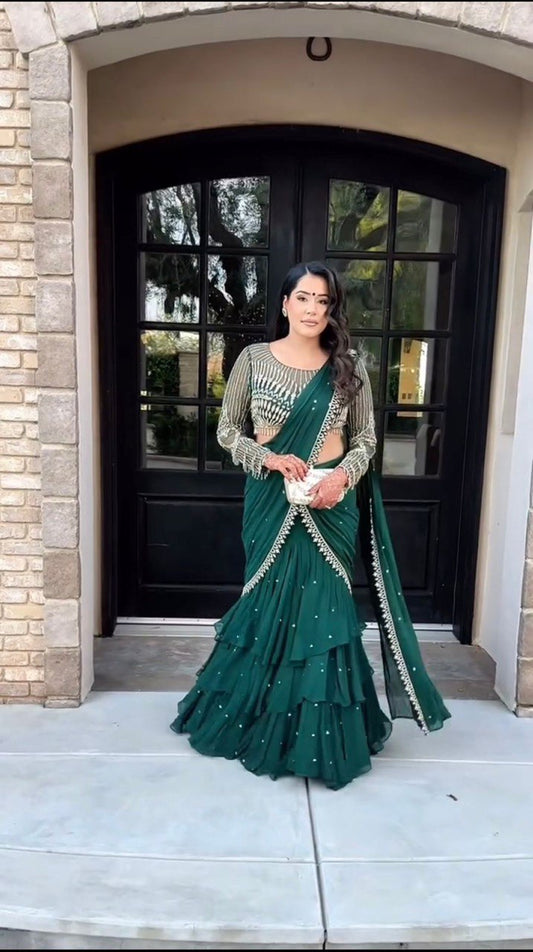 party Wear Green Color Lehenga Saree