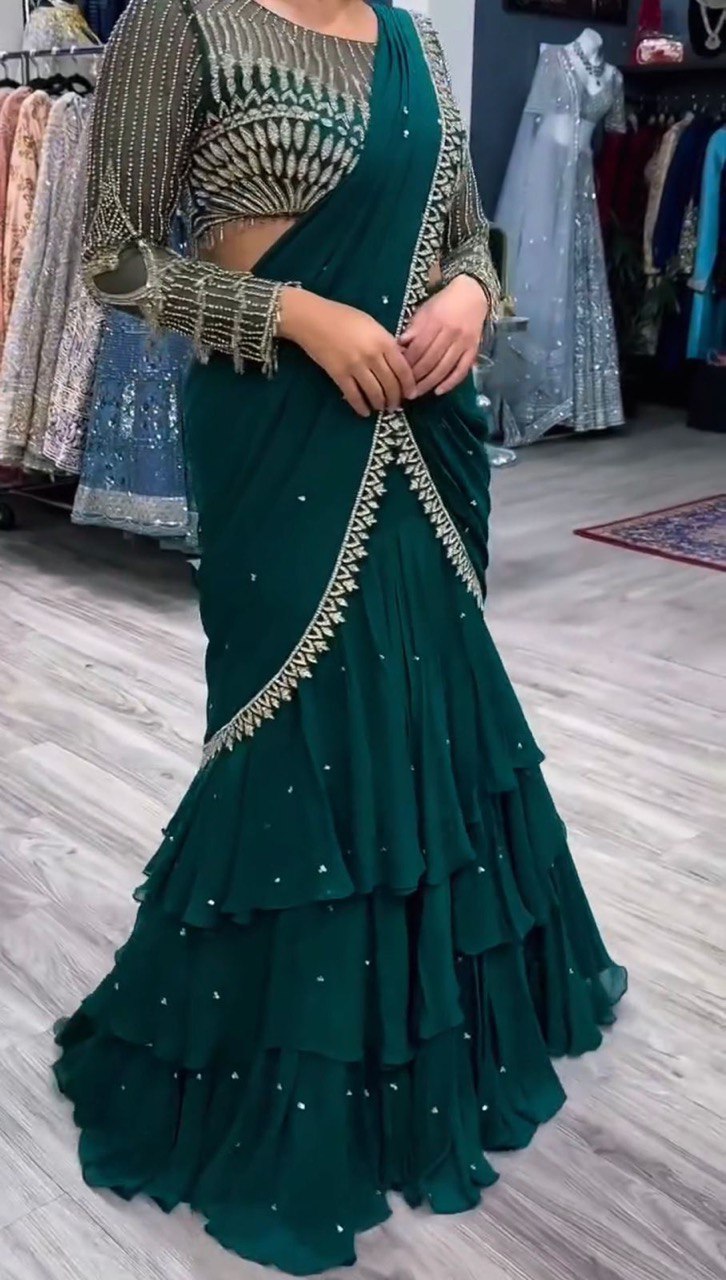party Wear Green Color Lehenga Saree