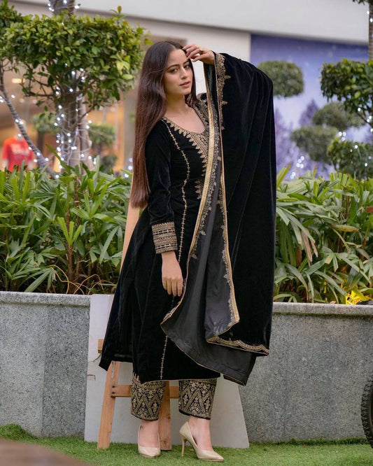 Dazzling Black Velvet With Embroidery Work Three Piece Suit