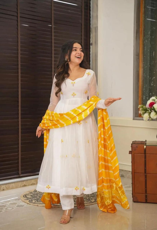 White Color Georgette With Butta Embroidery Work Anarkali Suit With Yellow Dupatta