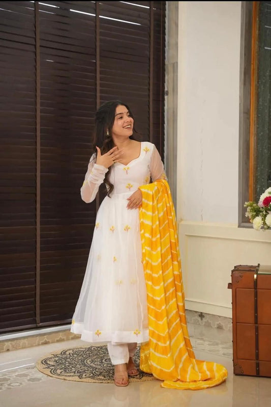 White Color Georgette With Butta Embroidery Work Anarkali Suit With Yellow Dupatta