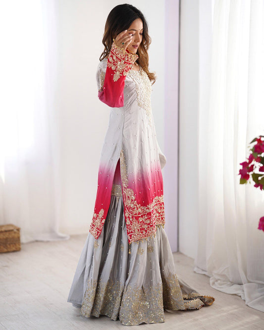 Gray And Red Color Chinon Silk Sequence Work Sharara Suit