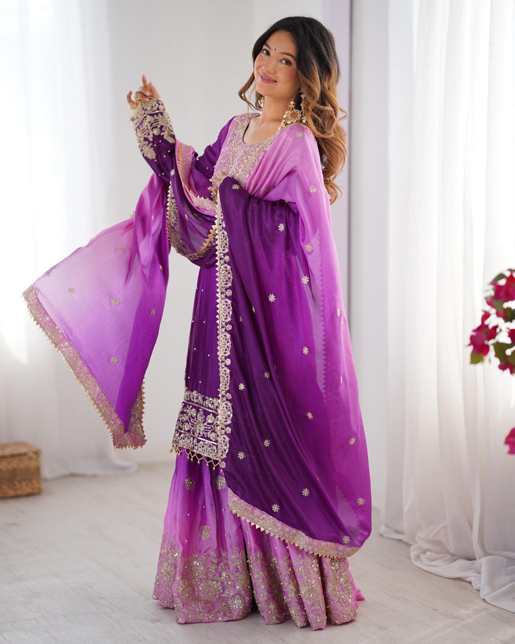 Purple And Lavender Color Sequence Work Sharara Suit For Women