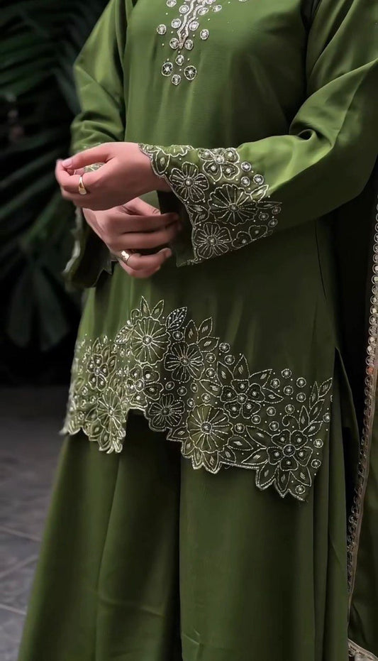 Green Color Chinon Silk With Thread Work Plazo Suit