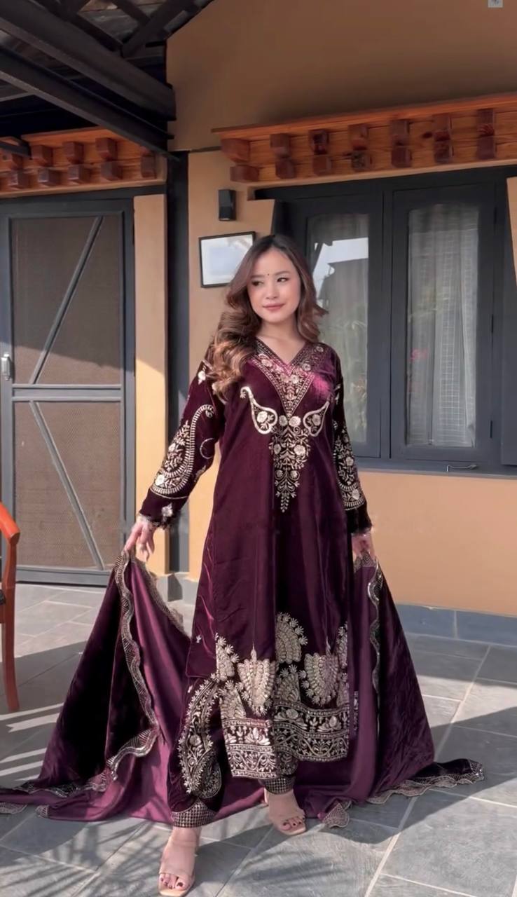 Purple Heavy Velvet Sequence Work Now Trending Suit