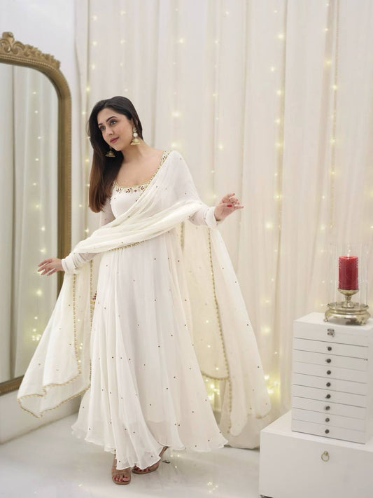 White Color Faux Georgette With Embroidery Work Long Gown With Dupatta
