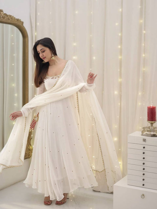 White Color Faux Georgette With Embroidery Work Long Gown With Dupatta