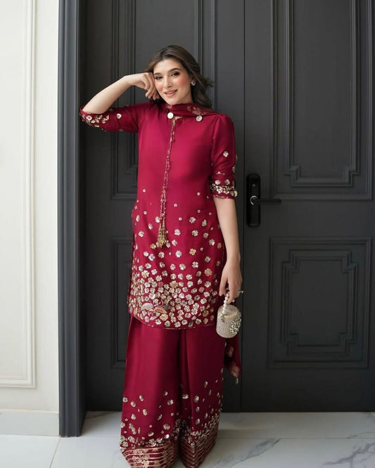 Red Color Roman Silk With Embroidery And Sequence Work Suit