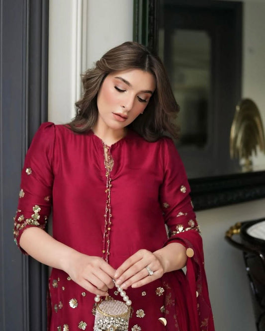 Red Color Roman Silk With Embroidery And Sequence Work Suit