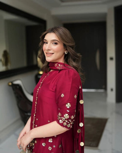 Red Color Roman Silk With Embroidery And Sequence Work Suit