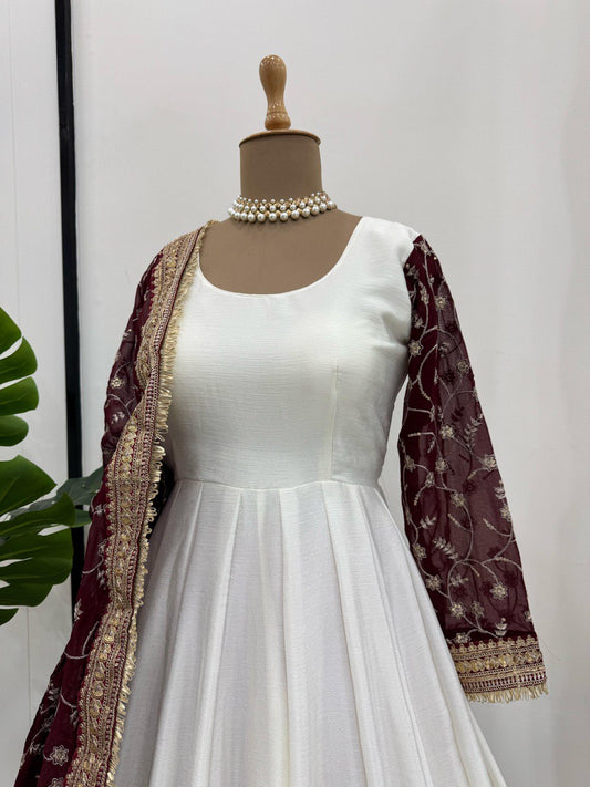 Maroon Color Faux Georgette With Thread And Sequence Work Long Gown