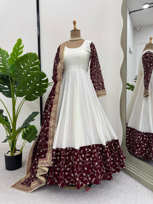 Maroon Color Faux Georgette With Thread And Sequence Work Long Gown