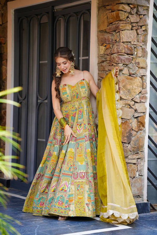 Beautiful Haldi Function Wear Organza Silk Wear Long Anarkali Gown
