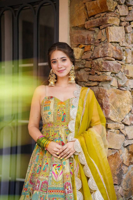 Beautiful Haldi Function Wear Organza Silk Wear Long Anarkali Gown