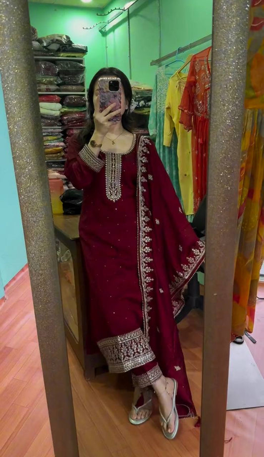 Red Color Beautiful Embroidery With Sequence Work Suit