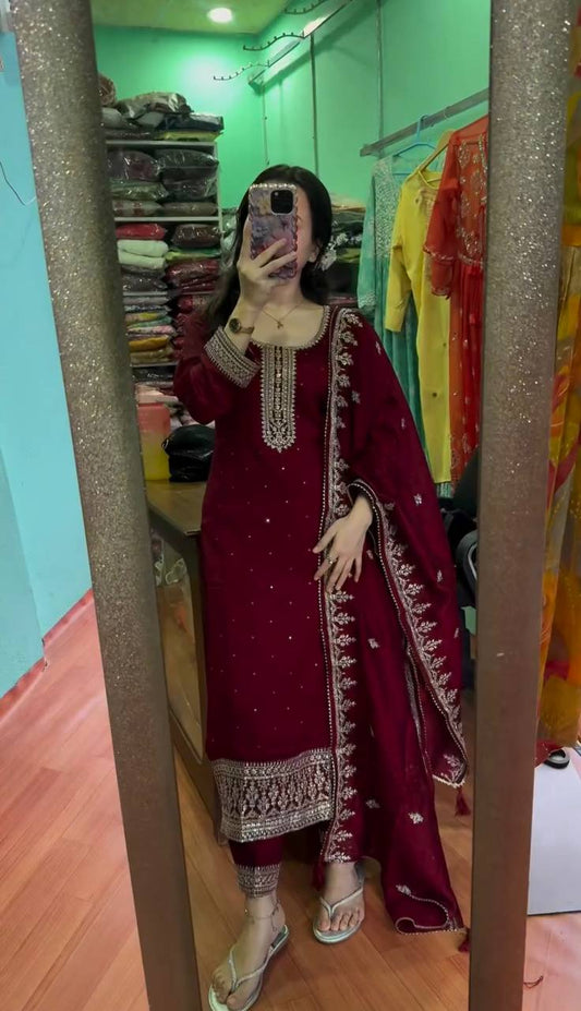 Red Color Beautiful Embroidery With Sequence Work Suit