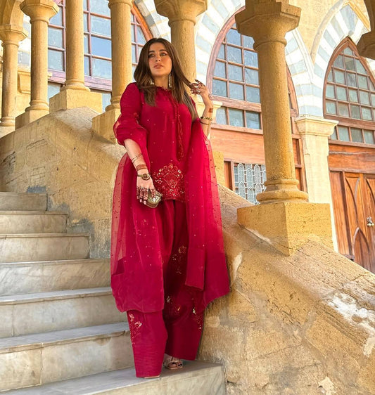 Red Color Embroidery With Sequence Work Sharara Suit