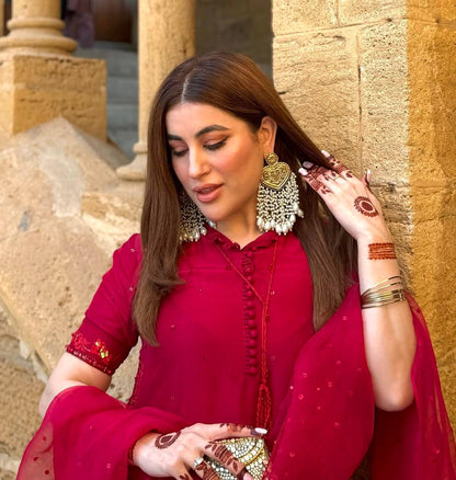 Red Color Embroidery With Sequence Work Sharara Suit