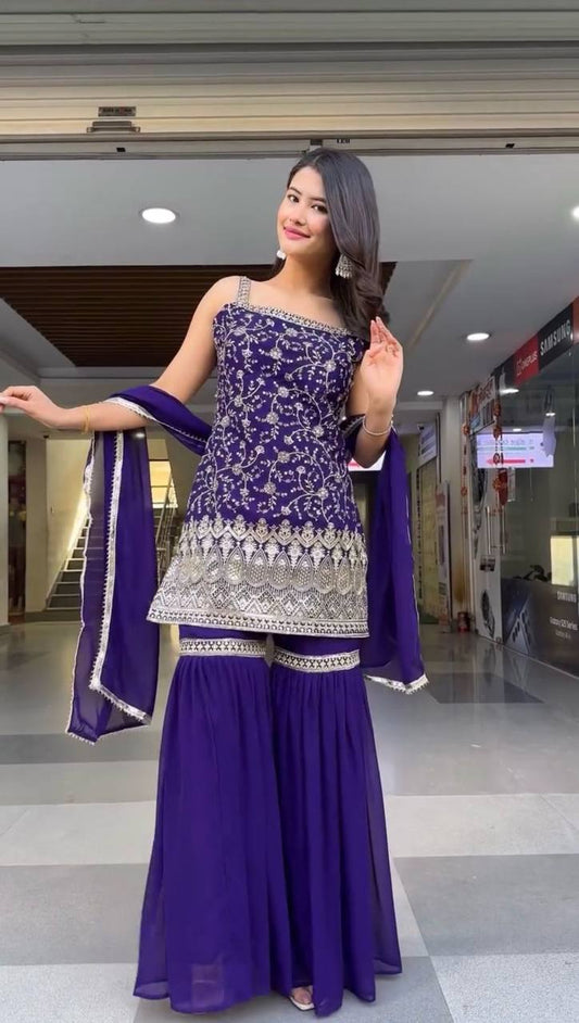 Good Looking Purple Color thread Work Sharara Suit