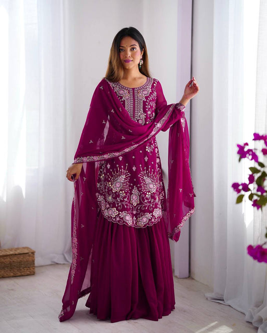 Wine Color Faux Georgette With Sequence Work Sharara Suit